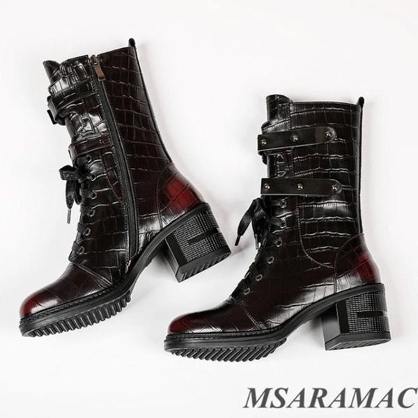 

boots stitching colorful crocodile pattern short round toe fashion girl lace up leather belt buckle winter, Black