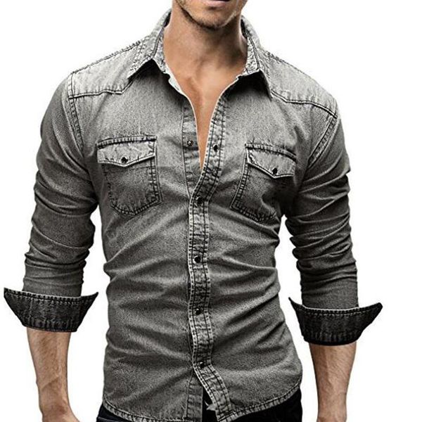 EuropeuAmericano Camisas masculinas de dois bolsos manga longa jeans tops cowboy vintage ajuste fino abotoar roupas masculinas