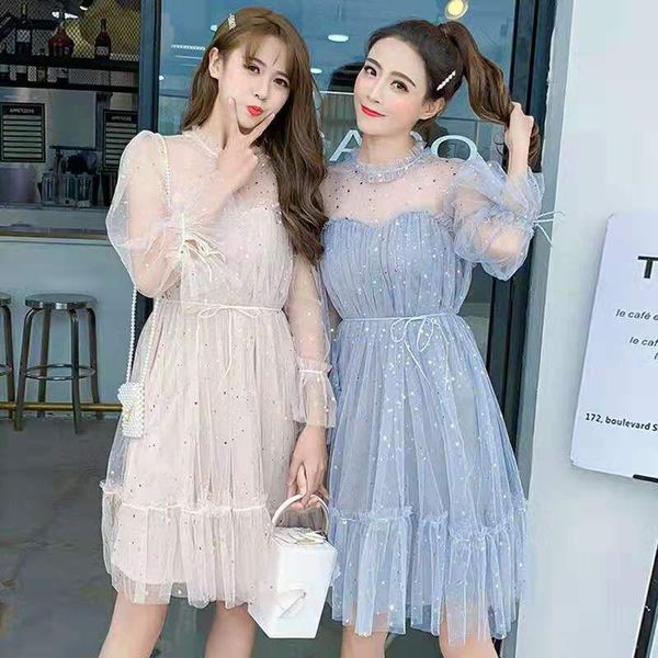 

spring autumn female o-neck stars sequined mesh shiny fairy dress women elegant bling gauze princess puff dresses casual, Black;gray