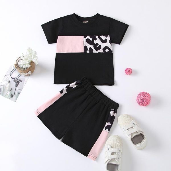 

clothing sets 2021 summer baby girl stitching two-piece suit, leopard print short-sleeved round neck t-shirt + contrast shorts1, White