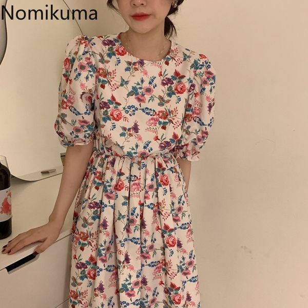 

nomikuma vintage summer dress slim waist o neck short sleeve dresses women floral printed casual retro vestidos mujer 210514, Black;gray