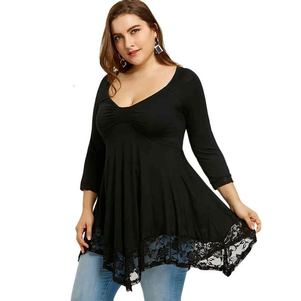 

Women's T-Shirt Wipalo Spring Lace Trim Plus Size 5xl Empire Waist Handkerchief T-shirt Casual Black Asymmetrical Female Tops Tees Q51Z, White