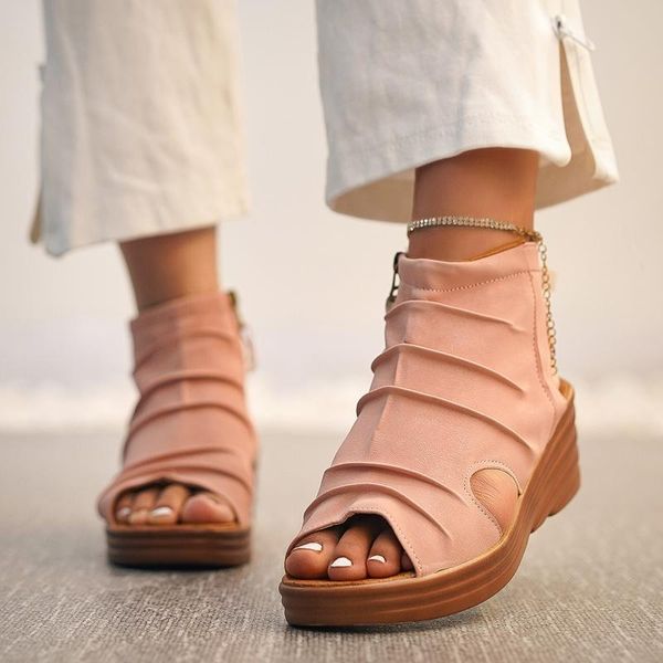 

sandals women platform summer fashion zipper shoes solid color wedges ladies open toe casual 2021, Black