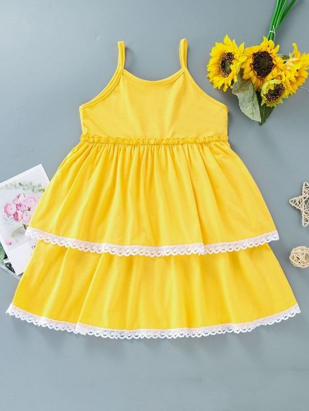 

girls lace trim layered hem cami dress she, Red;yellow