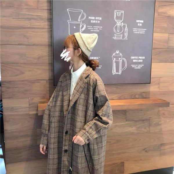 

Women's Trench Coats Winter Check Velvet Coat Female Notched Warm checkered Woolen Fleece Office Lady Vintage Long Overcoat Woman OND6, Tan;black