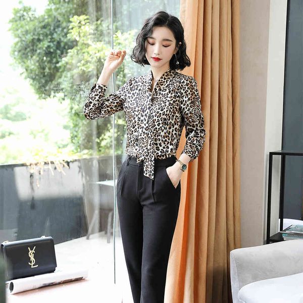 

2021 fashion leopard ladies latest female blouses full sleeve shirt for work, Black