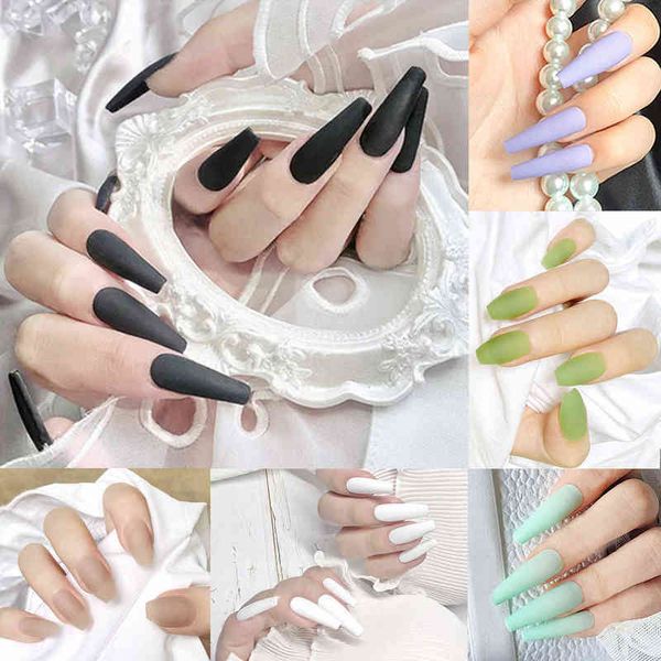 False Nails 24 шт. Сплошной цвет матовой матовой короткой трапециевидной ногтями Длинные балетные носить ложный набор маникюр инструмент поддельный S 220225