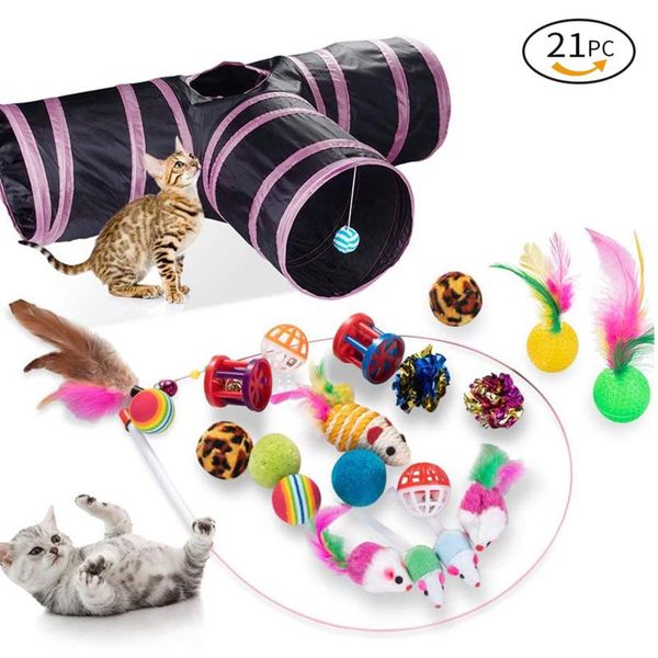 

cat toys 21pcs set indoor outdoor interactive kitten toy assortments tunnel balls bell feather teaser wand mice