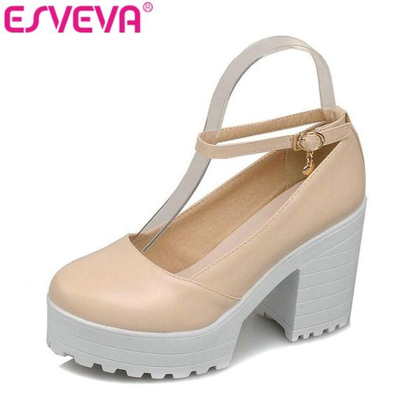 

punk style beige thick high heel women pumps ankle strap round toe soft leather lady platform shoe wedding size 34-43 dress shoes, Black