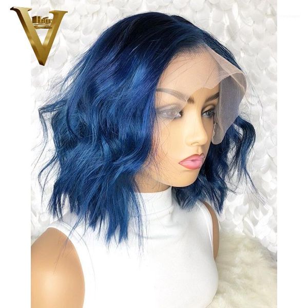 

ombre blue lace front wig short bob wavy 13x6 transparent human hair wigs for women brazilian remy 150 density1, Black;brown