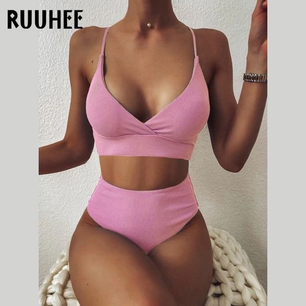 

2021ruuhee women swimsuit ribbed high waist solid black white push up bikini sets 2021 swimwear female with padded bathing suit, White;black