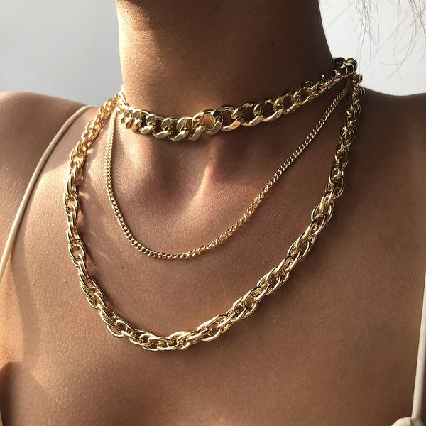 

women necklaces jewelry 3 pcs/set trendy fashion gold silver color geometric alloy link chain necklaces punk hip hop necklaces
