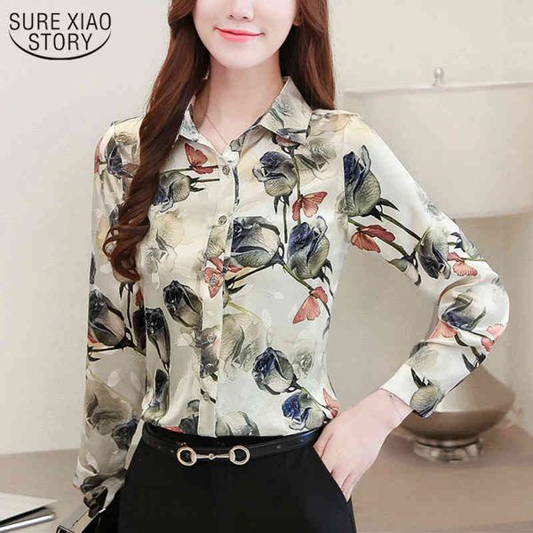 

silk shirts women blouses fashion autumn long sleeve shirt rose floral print blouse plus size s-4xl blusas 10725 210508, White