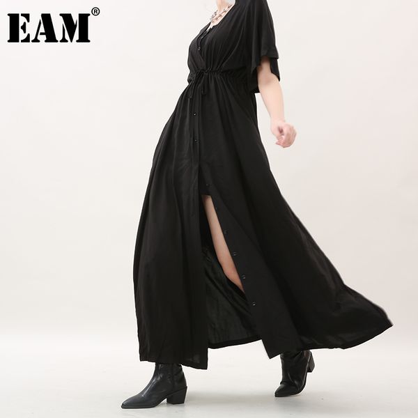 

[eam] women black drastring long big size dress v-neck half sleeve loose fit fashion spring summer ma8070 210512, Black;gray