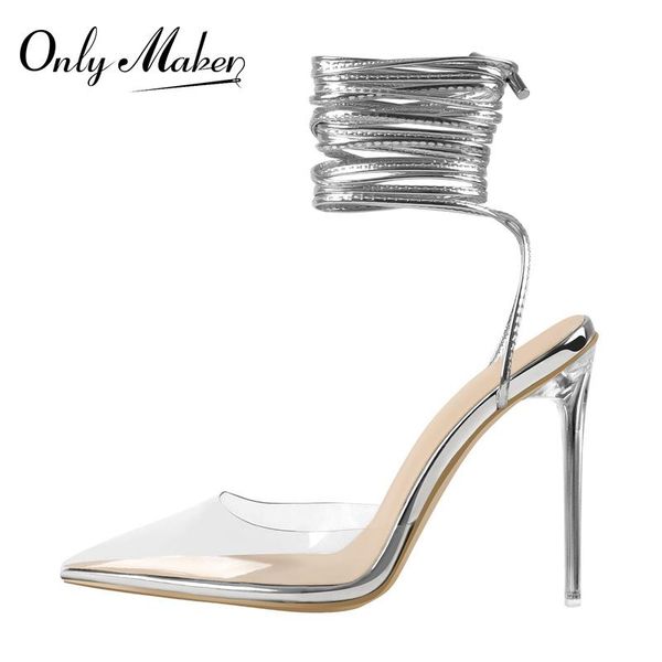 

sandals onlymaker women's pointed toe lace-up clear metal thin high silver patent leather ankle strap pvc summer concise, Black