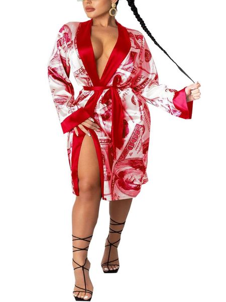 

women's sleepwear women satin robe trendy dollar printed long sleeve silky kimono bathrobe with belt, Black;red
