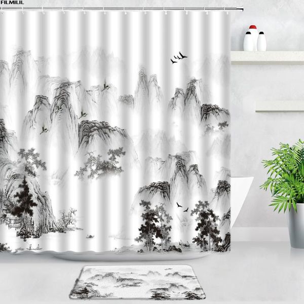 

shower curtains chinese style ink painting waterproof bath mats set forest mountain scenery decor bathroom non-slip rug door pad