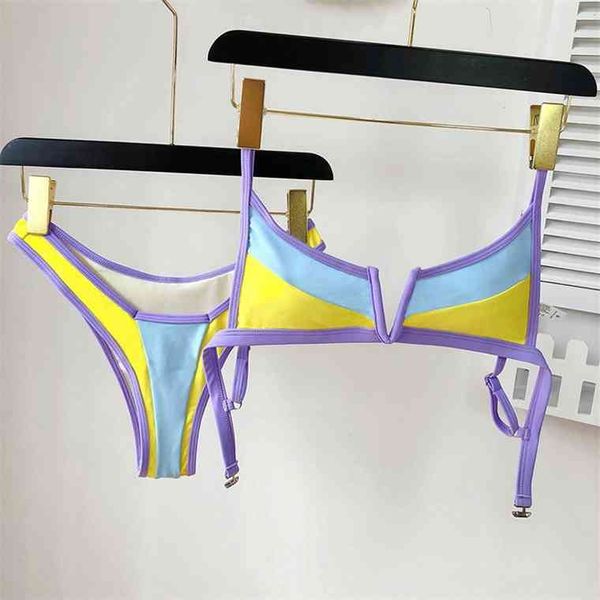 

new splicing underwired 2021 female swimsuit women swimwear v shaped wire bikini set thong push up bathing suit swimin