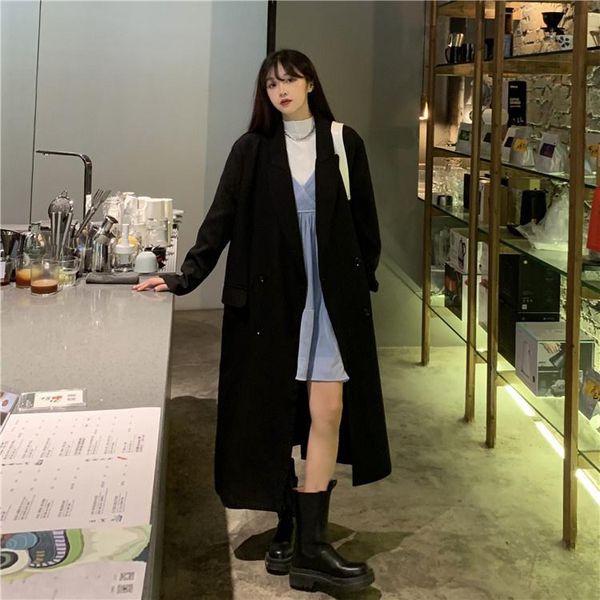 

women's trench coats black long coat advanced texture korean style fashion identity straight autumn winter ladies overcoat 2021, Tan;black