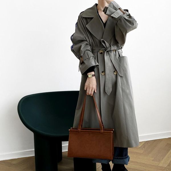 

minimalist suit collar double-breasted long trench coat ol overcoat autumn solid casual windbreaker 210421, Tan;black