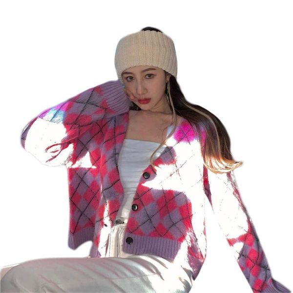 

women's jackets women fuzzy knitted cardigan contrast color argyle plaid long sleeve sweater coat v-neck button harajuku loose outwear, Black;brown