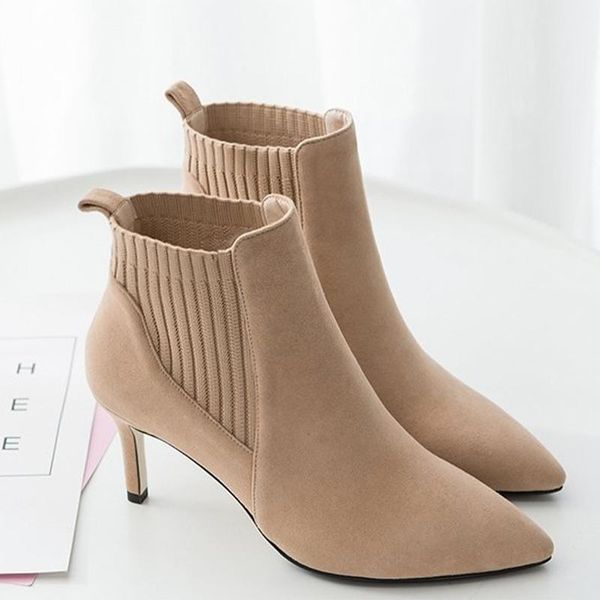 

boots women ankle high heels pointed toe shoes autumn winter female fashion footwear comfort ladies shoe 2021, Black