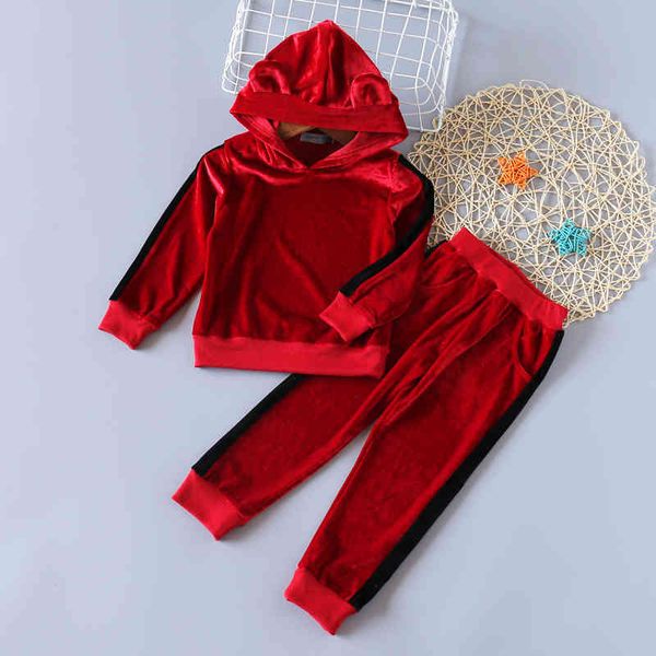 

girls clothes winter autumn long sleeve gold velvet hoodie + pants sports 2pcs suits baby kids 210515, White