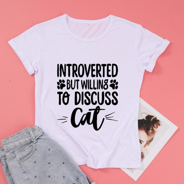 

women's t-shirt introverted but willing to discuss cat mom funny graphic women tshirt fashion casual cotton o neck female shirt short s, White
