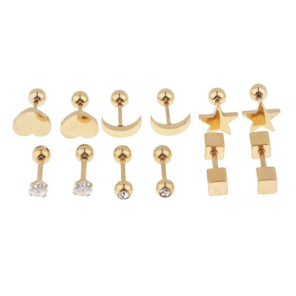 

stud 6 pairs female stainless steel ball screw back earrings star moon ear studs, Golden;silver