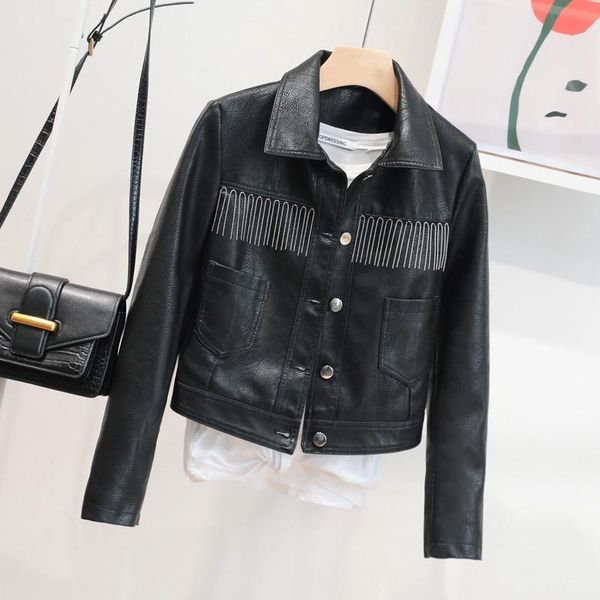 

women's leather & faux 2021 ladies pu jackets women turn-down collar single breasted beading streetwear female motorcycle coats vetemen, Black