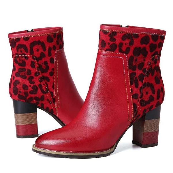 

soocfy leopard botas mujer pattern splicing genuine leather high square heel zipper short boots elegant shoes women winter cqdc, Black