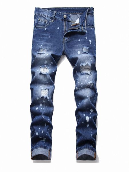 

men splash ink print ripped washed jeans 04ak#, Blue