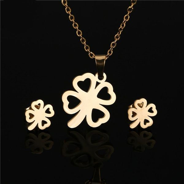 

earrings & necklace stainless steel ear studs set gold color hollow leaf clover necklaces pendant for women jewelry, Silver