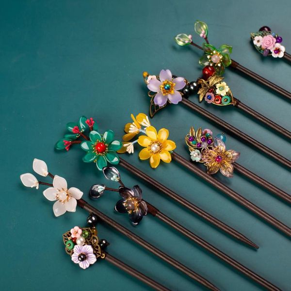 

hair clips & barrettes retro chinese style hairpin antique costume simple flower wood beaded crystal imitation tassel classical ornament, Golden;silver