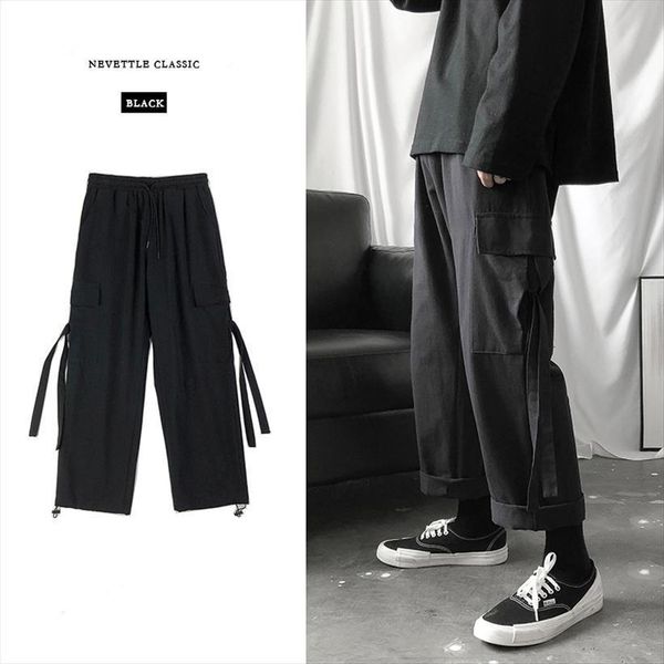 

cargo streetwear hip hop women pant loose korean style ankle length trousers overalls elastic waist black gray techwear