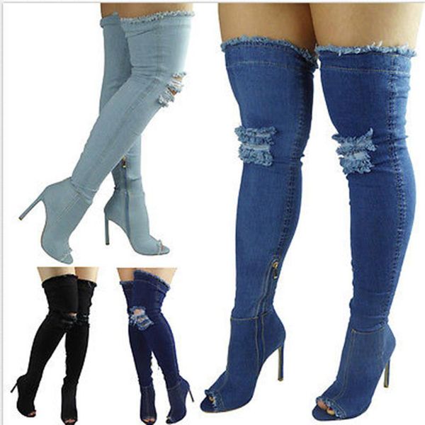 

dress shoes 2021 denim sandals women high cowboy hole over-the-knee gladiator boot 5color size35-41 a770, Black