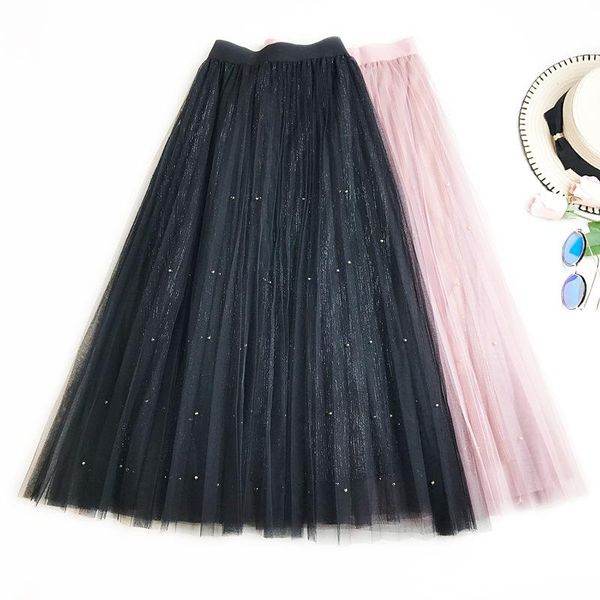 

skirts 2021 spring arrival pearl embroidery skirt long for women lace stitching tulle 3 colors available, Black