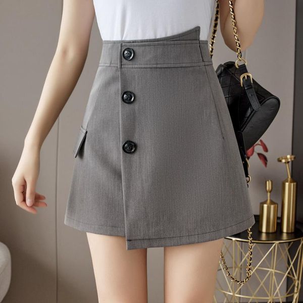 

women's casual pure color high waist button closure asymmetrical a-line mini short skirt skirts, Black