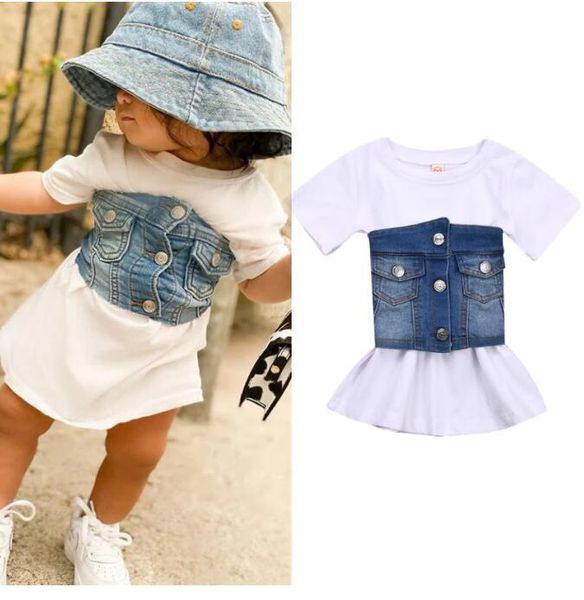 Çocuklar Bebek Kız Giysileri Setleri Beyaz Kısa Kollu T-shirt Elbise Ve Düğme Denim Tüp Kıyafetler Çocuklar Yaz Tops