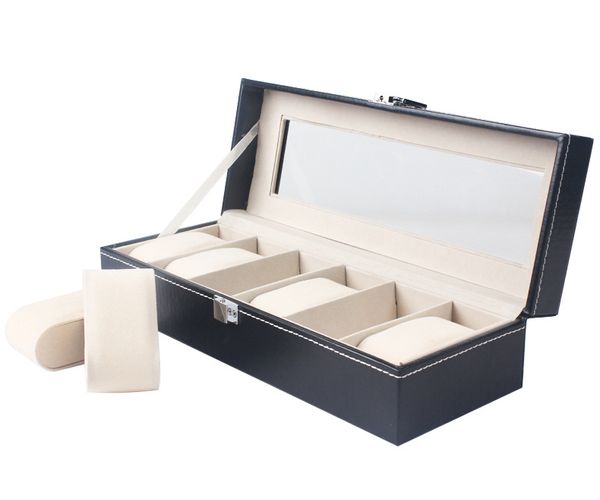 Caixas de rel￳gio de moda 6 slots Pu Wood Watches Box Window Organizer Boxes para tamanho 6 Rel￳gios de slot Caso Casos J￳ias Exibir suporte de armazenamento de estojo