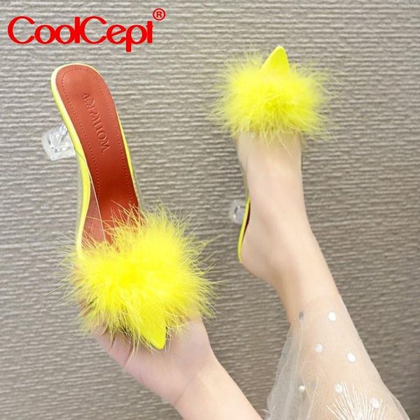 

dress shoes coolcept pvc woman sandals feather transparent high heels fur slippers women peep toe lady footwear slides size 34-43, Black