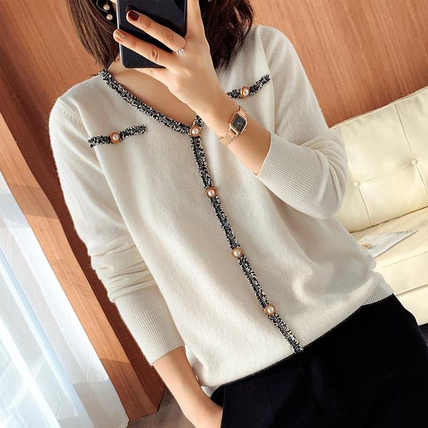 

women's sweaters attyyws fashion trend v-neck 100% wool sweater pure color knitted all-match long-sleeved pullover regular, White;black