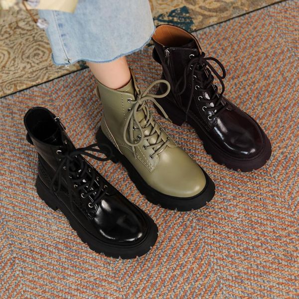 

boots british retro ladies short thick-soled lace-up natural leather handmade, Black