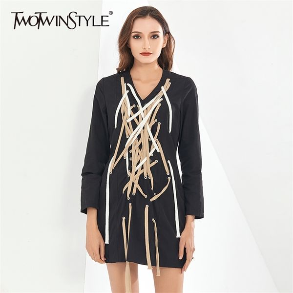 

black dress for women v neck long sleeve high waist patchwork bandage hit color mini dresses female fall 210520, Black;gray
