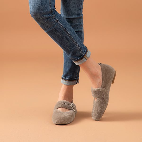 

dress shoes flats genuine wool fur mary janes with buckles winter round toe soft fashion loafers for women handmade 28504, Black