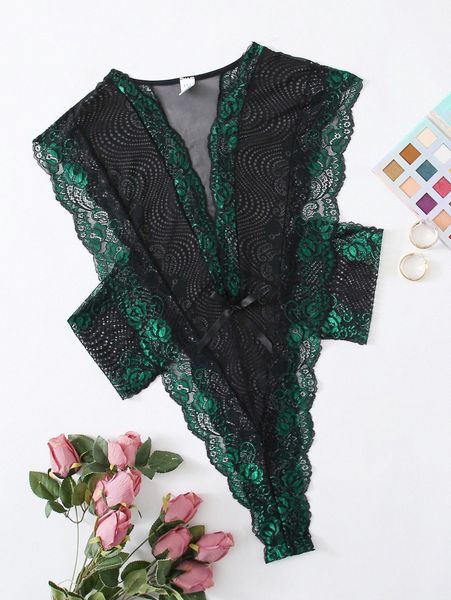 

plus contrast lace mesh teddy bodysuit b7im#, Black;white