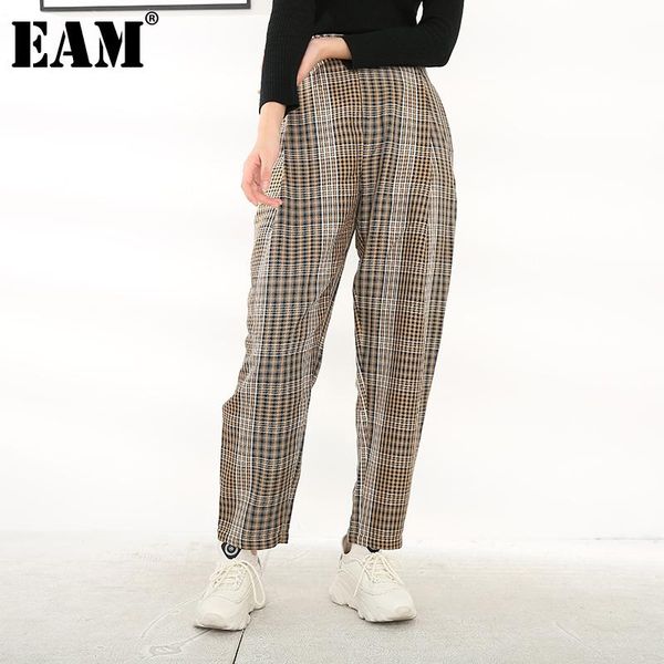 

[eam] high waist khaki plaid long pleated leisure trousers loose fit pants women fashion tide spring autumn 2021 1h09404 women's & capr, Black;white