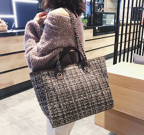 

fashion style korean women's bag one shoulder simple check pattern hit color chain bucket handbag messenger large capacity bags designe