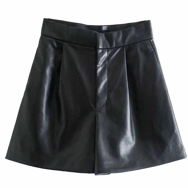 

women's shorts autumn winter black women casual faux pu leather flared bottom pleats high waist zipper elegant ladies chic pants, White;black
