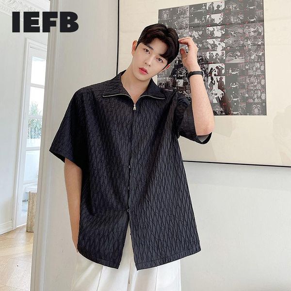 

men's casual shirts iefb 2021 summer ins solid color pleated stand collar zipper button short sleeve shirt black apricot oversize 9y78, White;black
